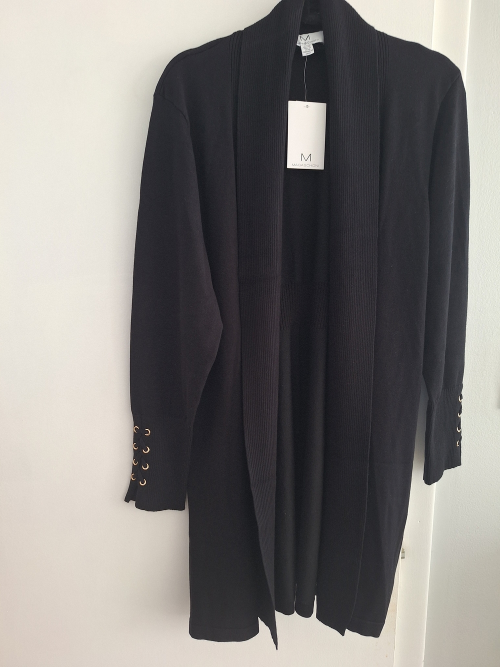 Mackage Black Long Open Cardigan with Grommet Sleeve Detail
